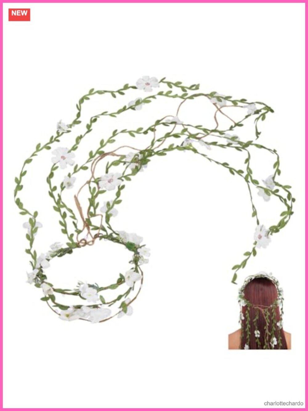 Boho Fairy Floral Wreath Headband with Leaves Vine Ribbon Hair Accessory